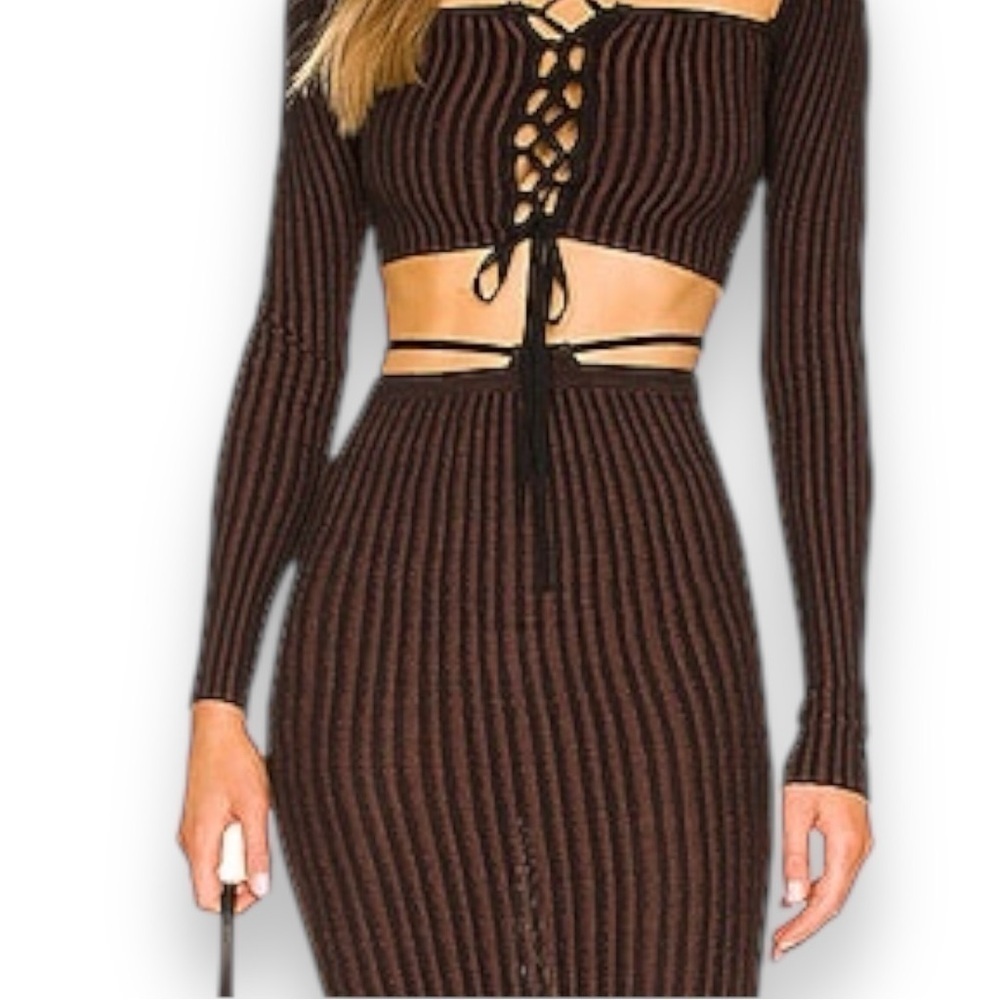 h:ours Revolve Burgundy Black Striped Lace Up Long Sleeve Crop Top Small